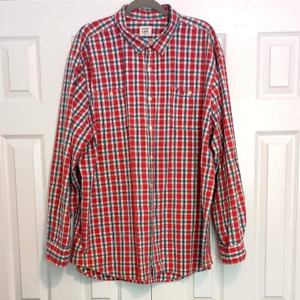 Old Navy Red and White Casual Button Down Shirt 3XL